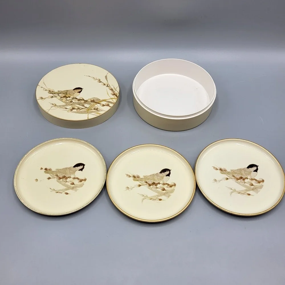 Otagiri Japanese Lacquerware Coaster Set Bird Willow Tree Motif Cream Gold Table
